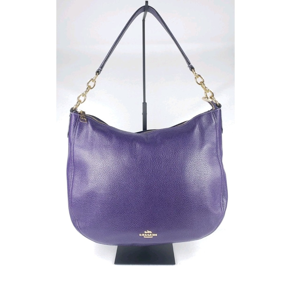 Coach Elle Hobo Bag Purple Pebbled Leather Gold Chain Shoulder Purse Zip F31399